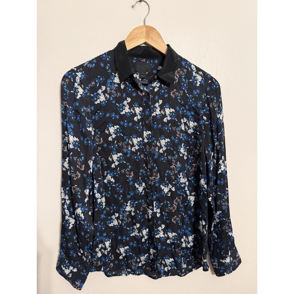 J. Crew Collection Black Freesia Floral Silk Collared Button Down Size 8 $228